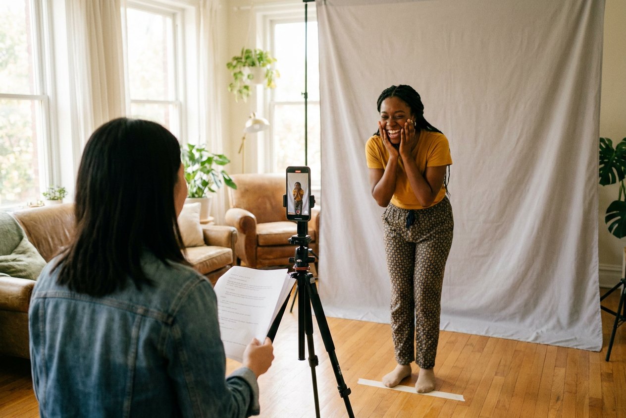 A self-tape at home, from behind the reader's shoulder: marked pages sharp in front, the performer in profile on a floor mark against a grey backdrop.