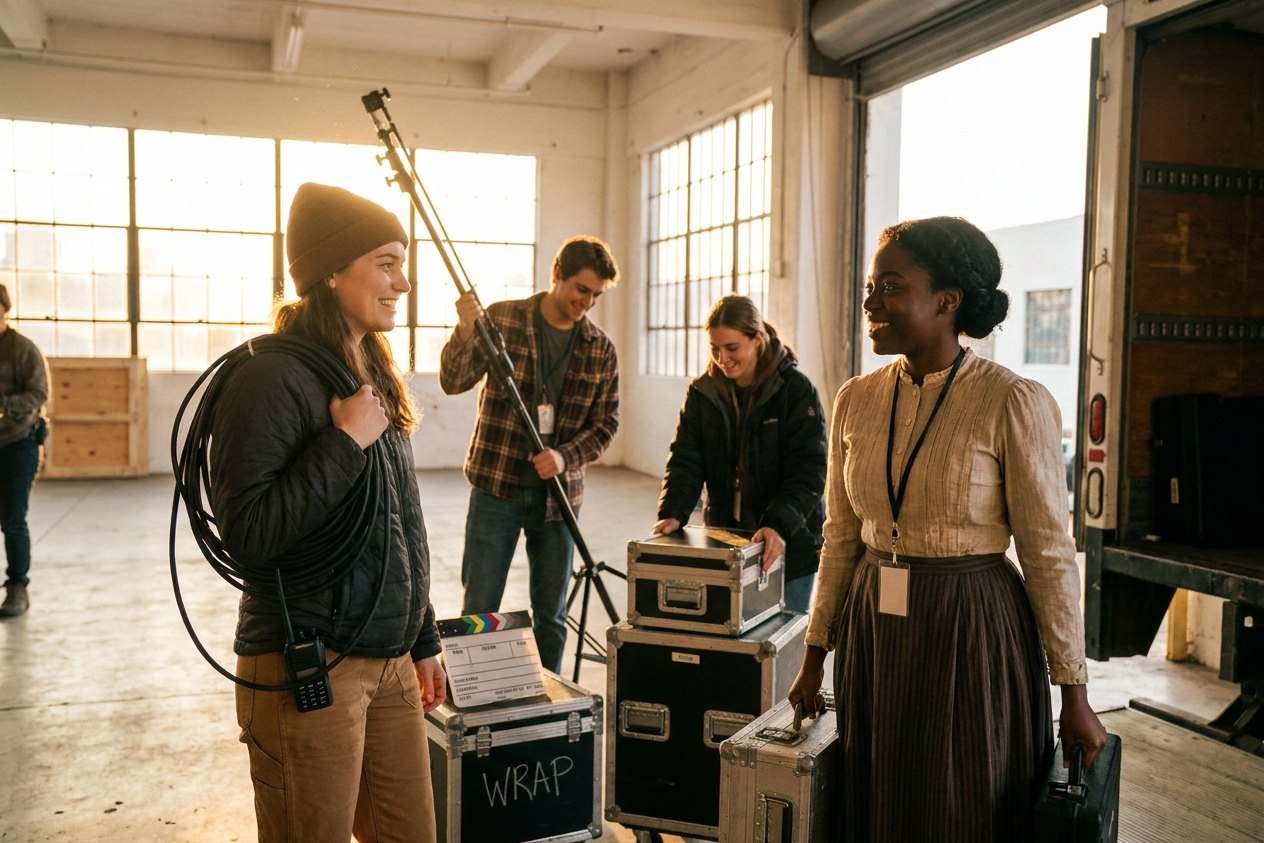 Golden-hour wrap at the edge of a set: a crew member coils cable while a performer removes a wardrobe layer.