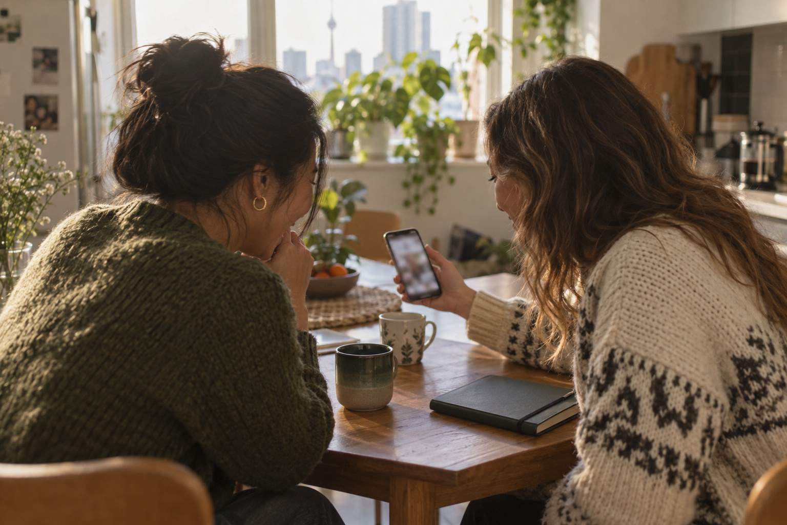 Two friends at a kitchen table in late afternoon light; one turns her phone toward the other to show her something, both leaning in.