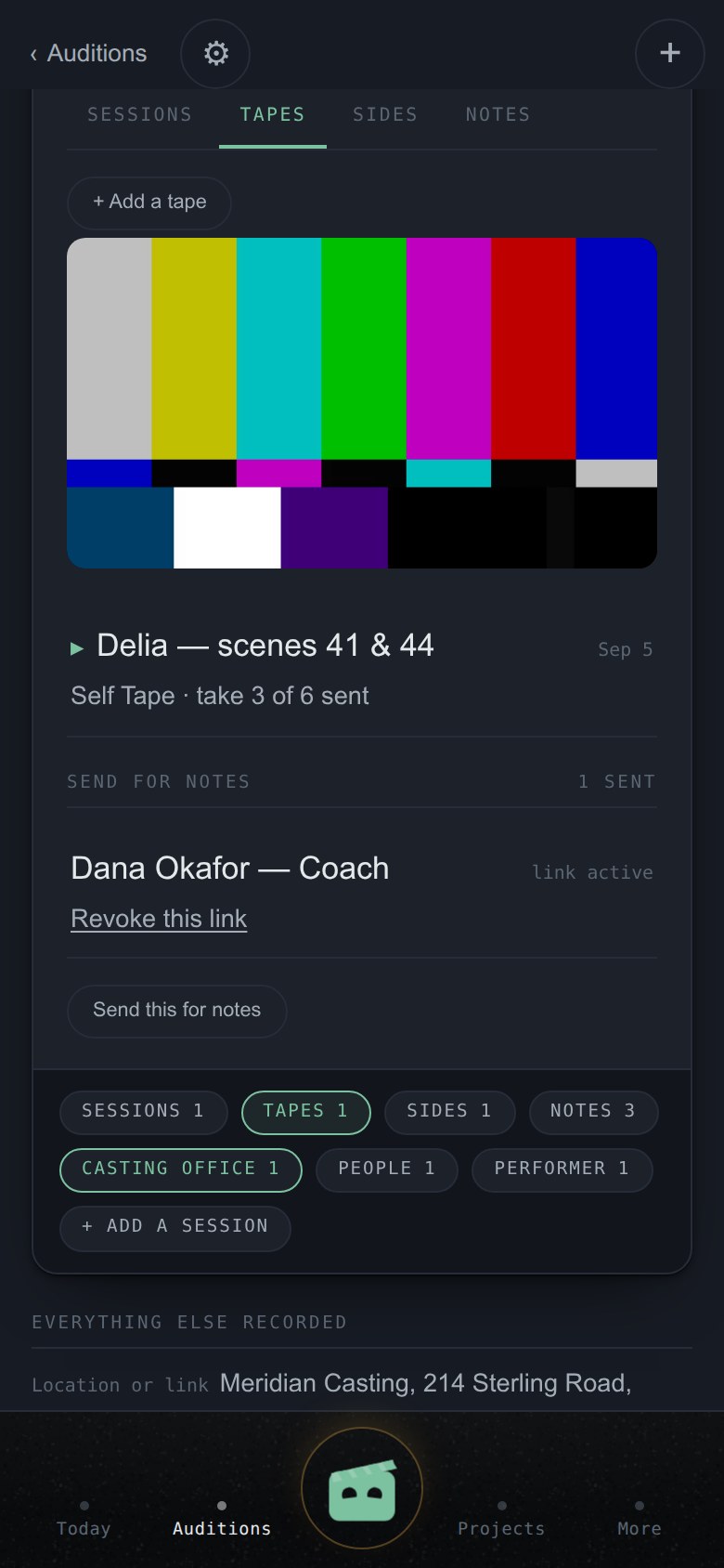 An audition's Tapes tab with a self-tape playing.