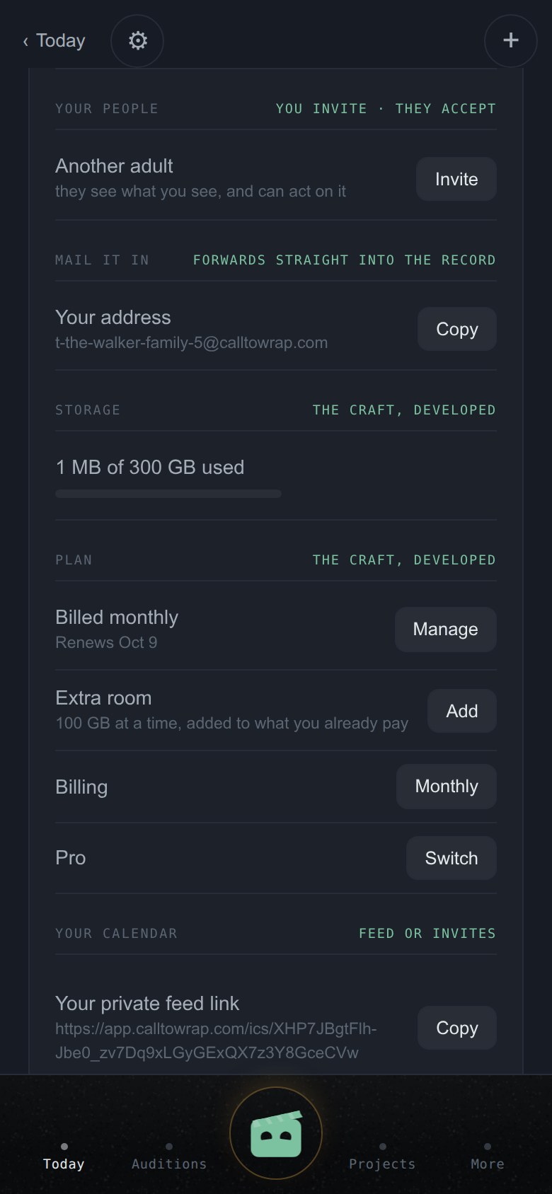 Settings, showing the account's own mail-in address.