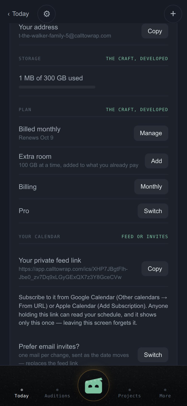 Settings: storage used and the plan.