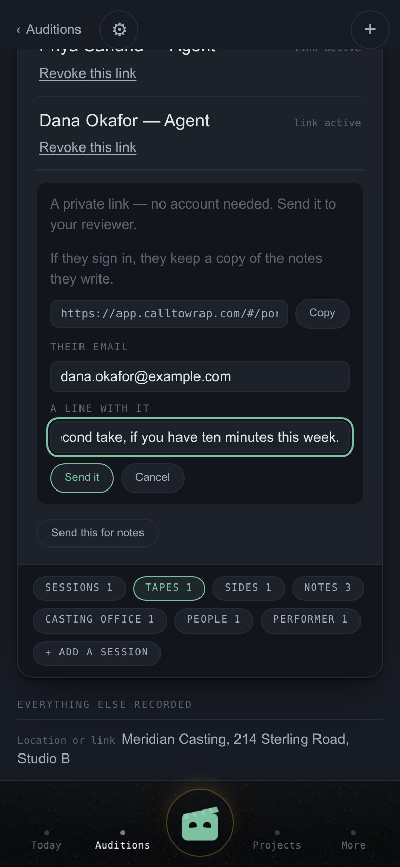 Email this link — sending a private tape link from your account's work address.