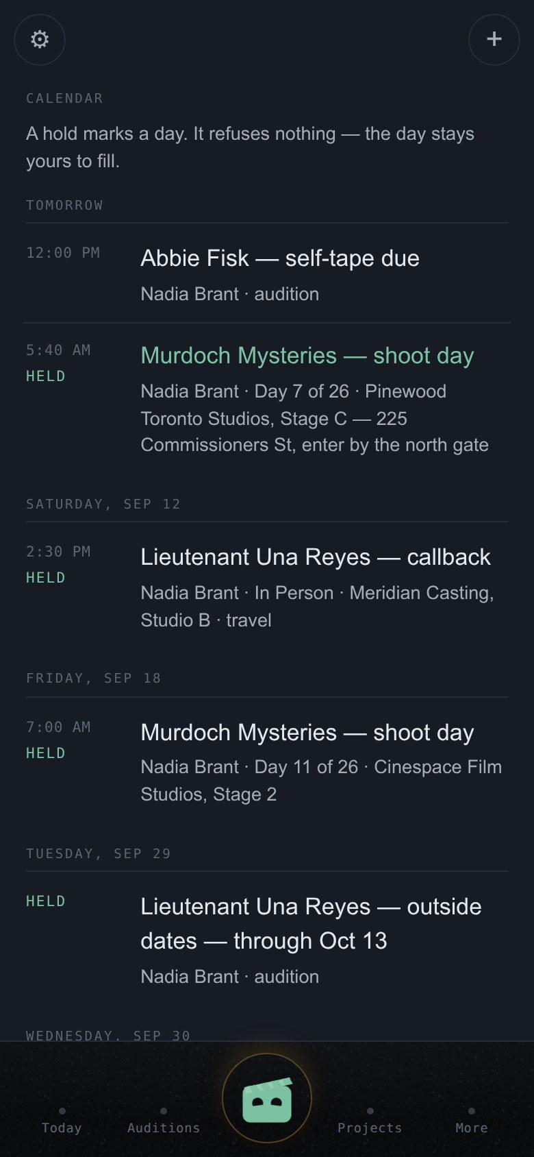 The calendar: held dates, sessions, shoot days and due dates by day.